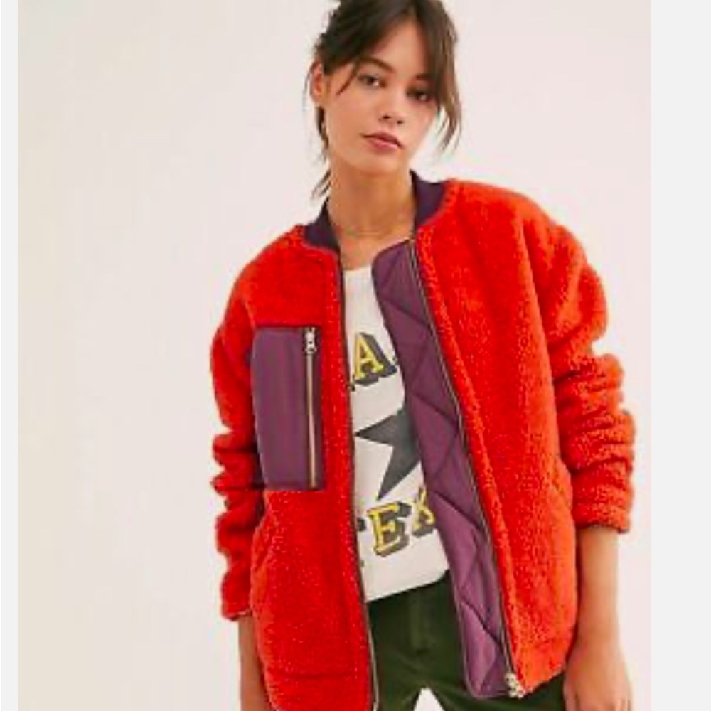 Free People We The Free Rivington Sherpa Jacket Orange Purple Zip Up